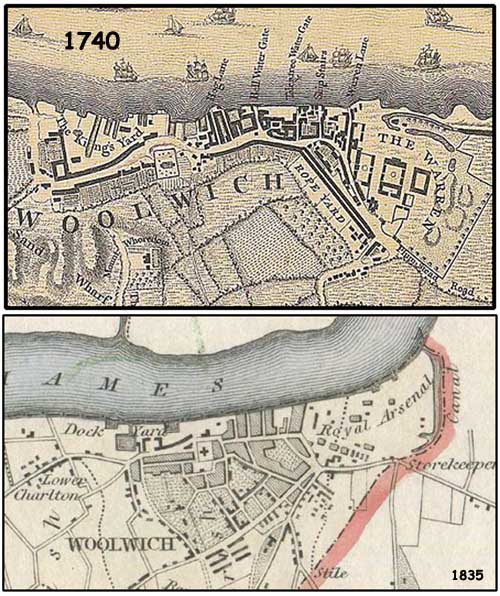 Woolwich, the Arsenal & the Warren in 1740 & 1835